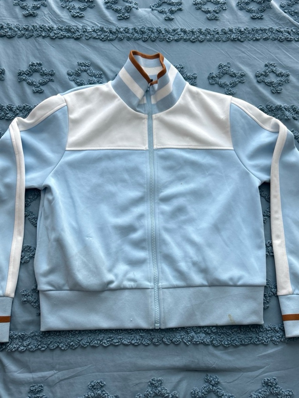 wild fable Light Blue and White Varsity Track Jacket with Brown Trim